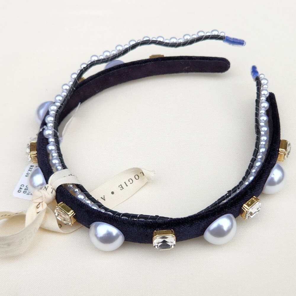 Anthropologie Black Embellished Rhinestone Pearl Bead Headband Set of 2, New NWT